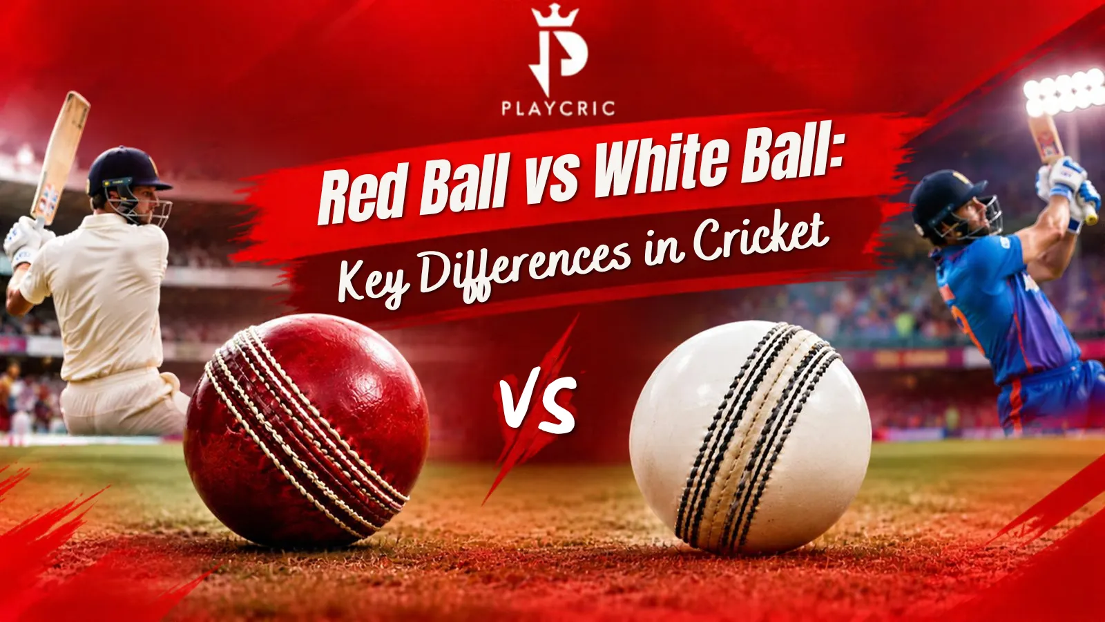 Red cricket ball and white cricket ball compared to show their differences in colour, polish and use across cricket formats.